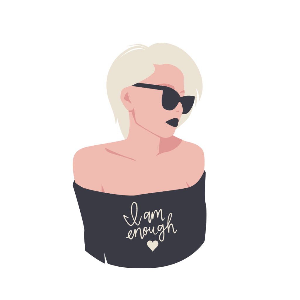 Pictured: Lady with sunglasses and a shirt that says "I am enough"