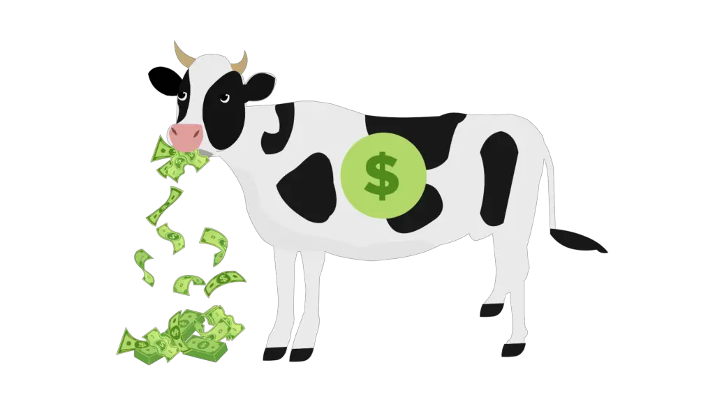 pictured: cow eating dollar bills, with a dollar sign on its side