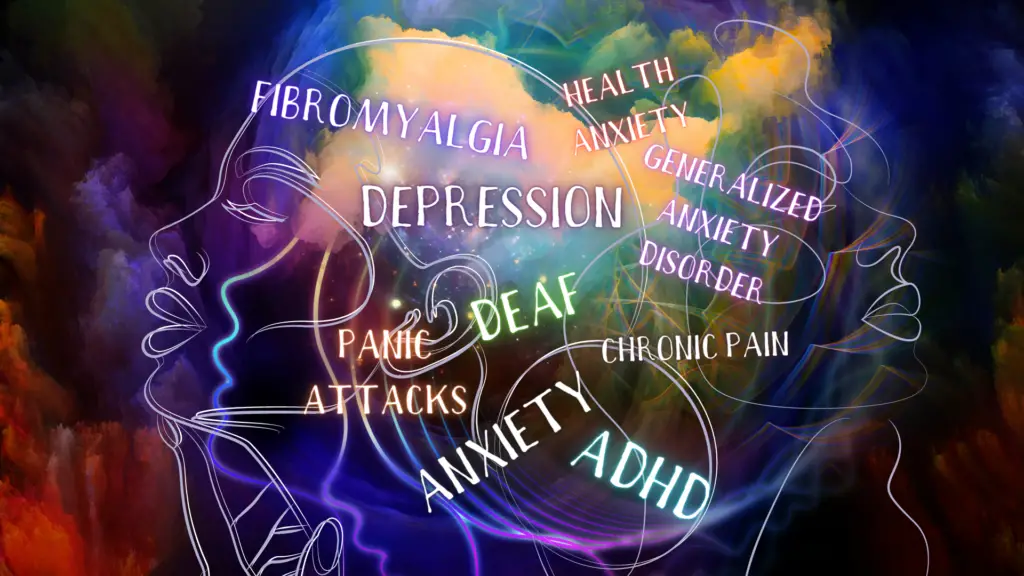 Colorful image showing two women's faces with eyes closed, their heads full of names of disabilities (anxiety, depression, adhd, deafness, chronic pain, etc) to show an artistic view of the internal struggle we deal with daily.